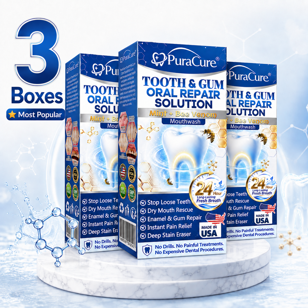 🦷 US Official Store | PuraCure® Tooth & Gum Oral Repair Solution | Powered by Bee Venom Peptides × Collagen × Postbiotics × Beta-Glucanase to Fight Plaque, Tartar, Tooth Pain, Bad Breath & Weak Teeth