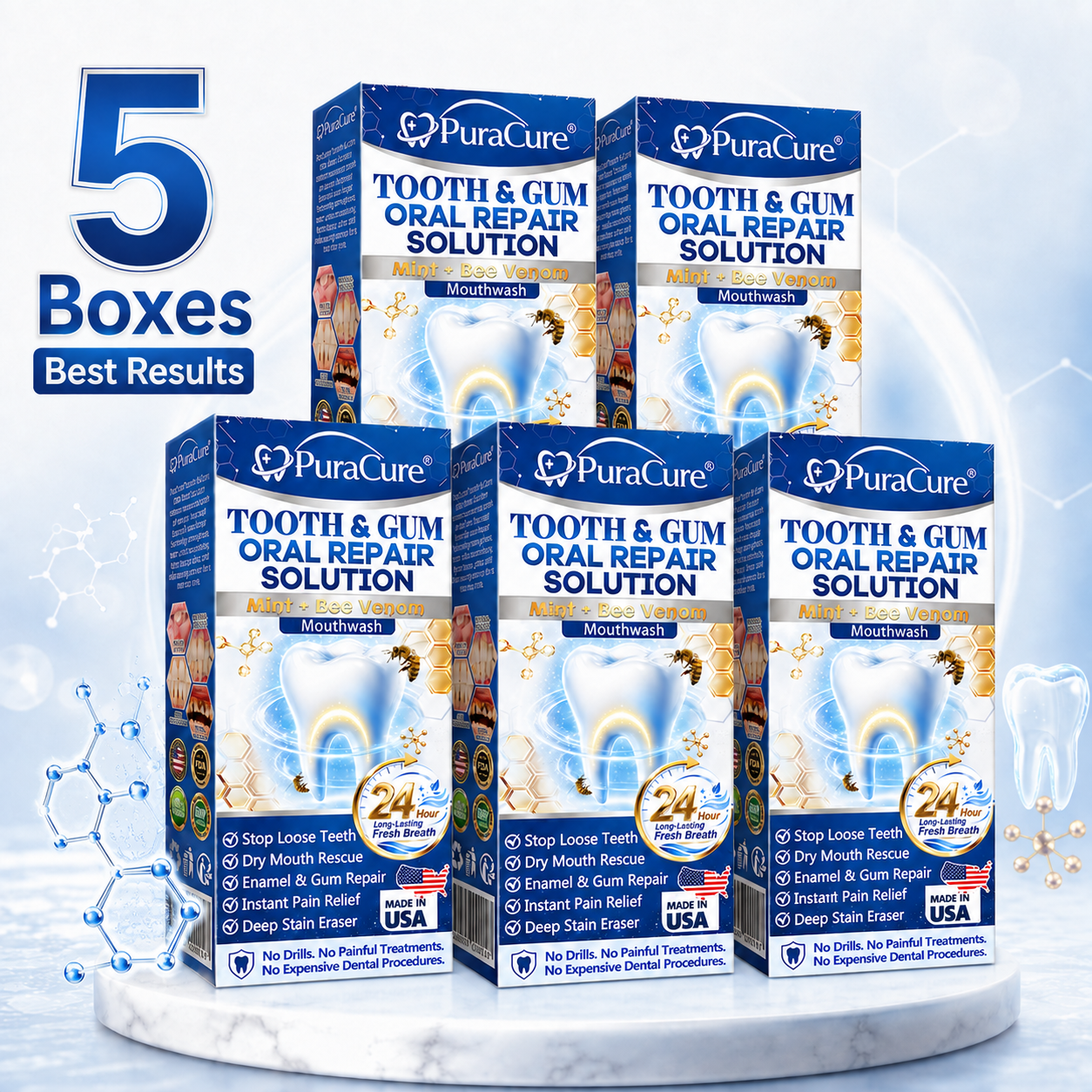 🦷 US Official Store | PuraCure® Tooth & Gum Oral Repair Solution | Powered by Bee Venom Peptides × Collagen × Postbiotics × Beta-Glucanase to Fight Plaque, Tartar, Tooth Pain, Bad Breath & Weak Teeth