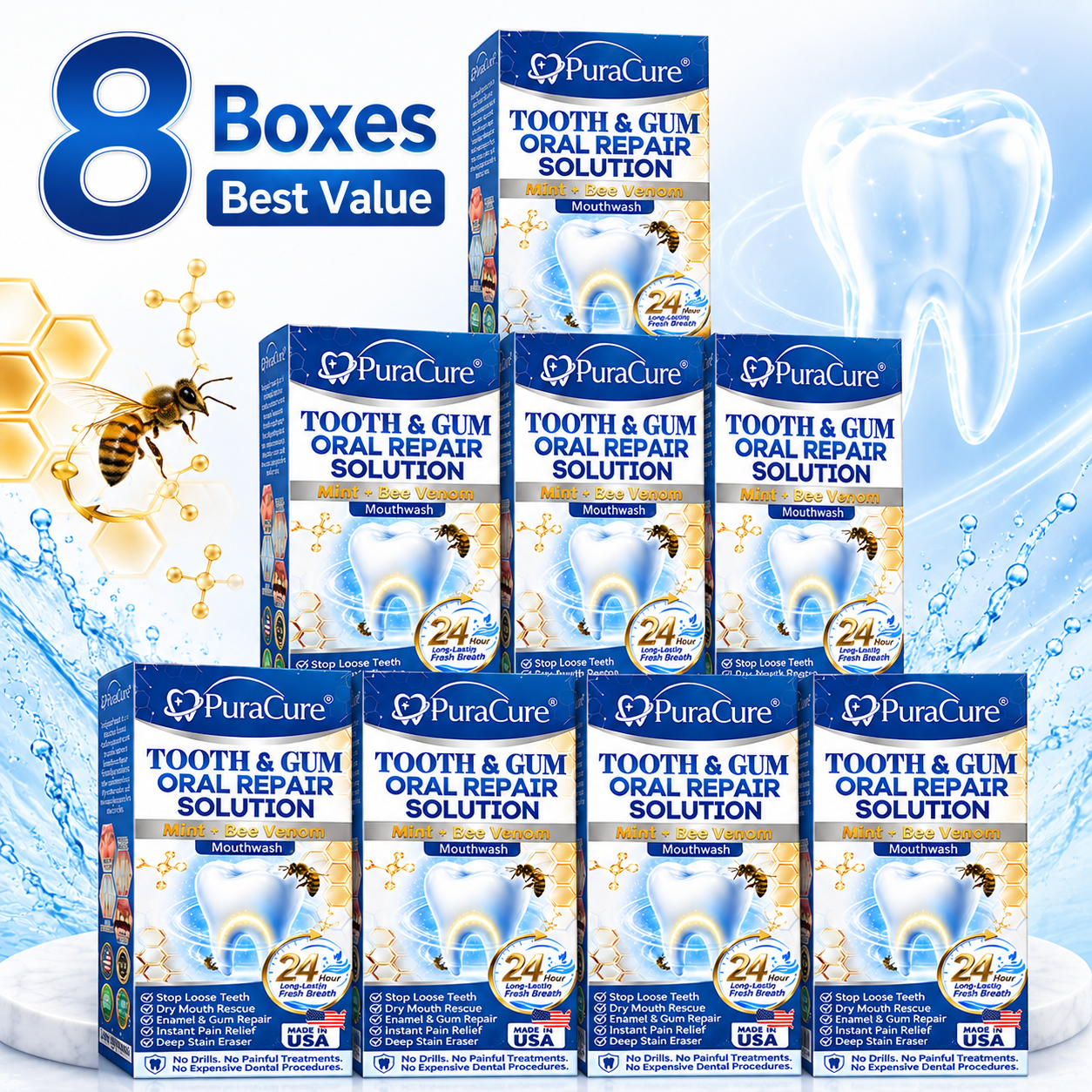 🦷 US Official Store | PuraCure® Tooth & Gum Oral Repair Solution | Powered by Bee Venom Peptides × Collagen × Postbiotics × Beta-Glucanase to Fight Plaque, Tartar, Tooth Pain, Bad Breath & Weak Teeth